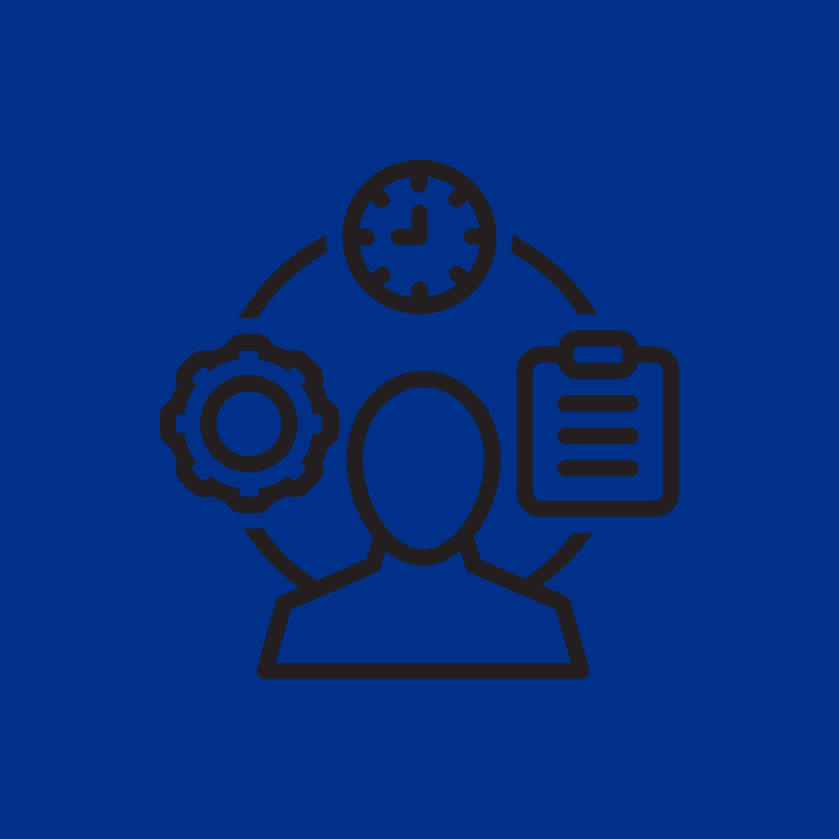 Clock, Cog Wheel, Clipboard and Person Icon to Depict Management