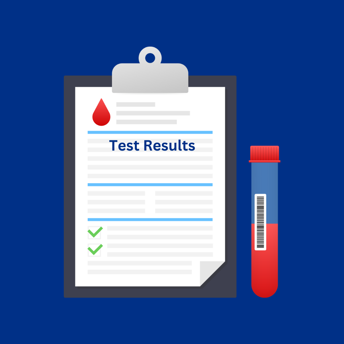 Picture of clip board with test results and a blood bottle filled with blood