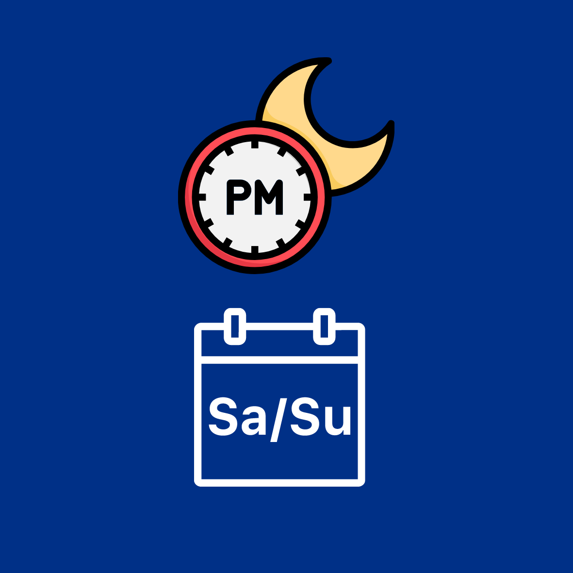Image of Moon and Clock with Letters 'PM' and Calendar with Saturday and Sunday to Represent the Weekend
